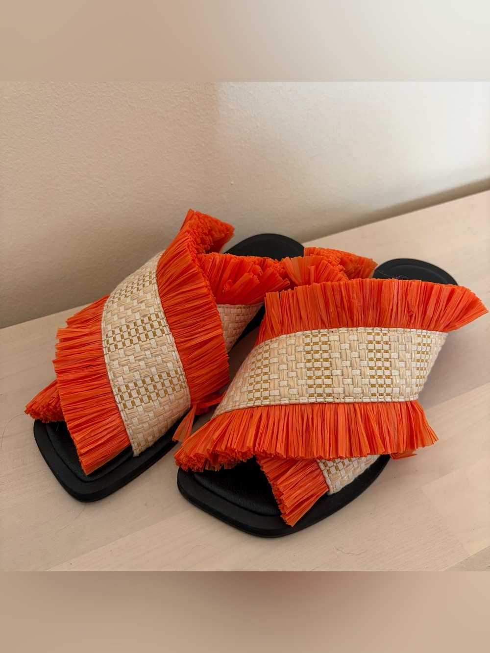Max & Co. Raffia Slide Sandals with Orange Fringe